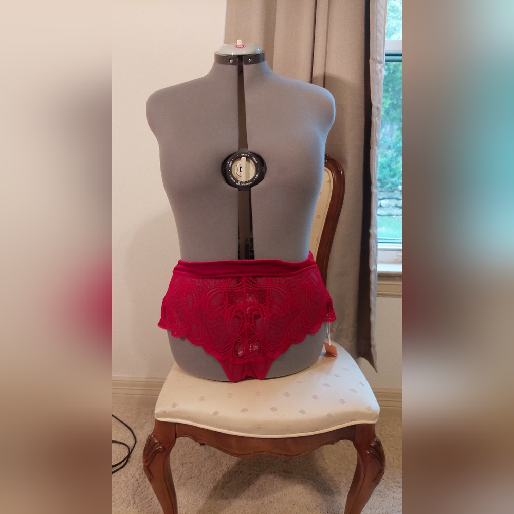 Mentionables Vintage Retro Red Lace With Velvet Tie High-Waist Briefs